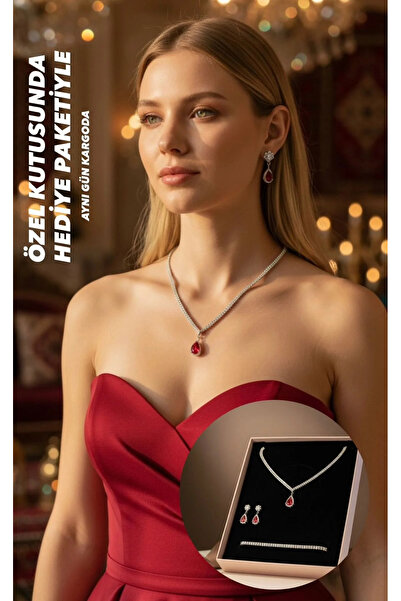 BEREN KILIÇ هدية عيد الحب، طقم مجوهرات باللون الأحمر الوردي، قلادة وأقراط وسو...