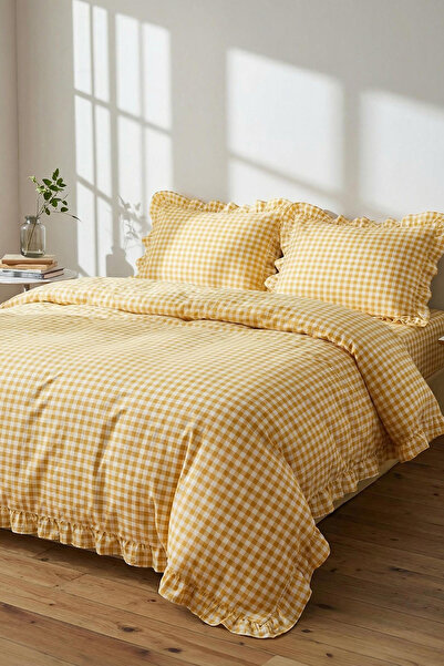 TRENDYOLMİLLA HOME Set de husă de pilotă dublă cu volane și model Gingham, fă...