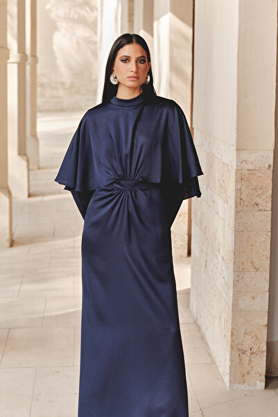 Trendyol Modest Темно-синя блискуча атласна вечірня сукня з хною для особливи...