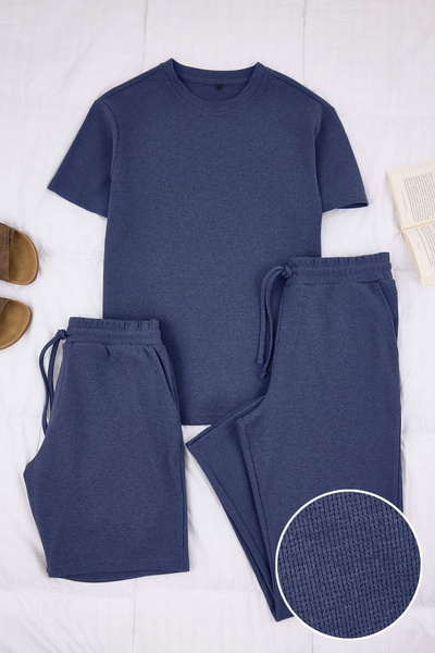 Trendyol Collection Mavi Regular Cut 3 Pack Textured Tracksuit Set Tmnss26Em0...