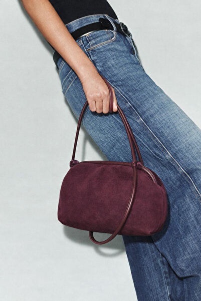 TRENDYOL SHOES Burgundy Suede Magnet Covered Adjustable Strap Women's Shoulde...