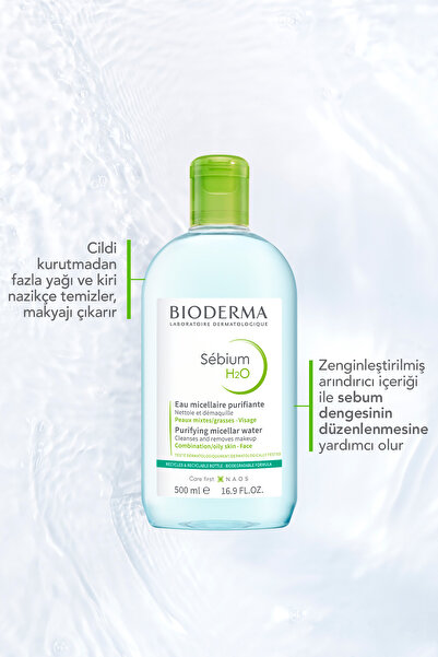 Bioderma Sebium H2O Karma, Yağlı ve Akne Eğilimli Ciltler için Micellar Makyaj Temizleme Suyu 500 ml
