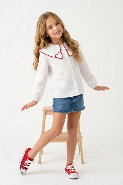 TRENDYOLKIDS Ecru Peter Pan collar Heart Patterned Woven Girls' Shirt Tkdss26...