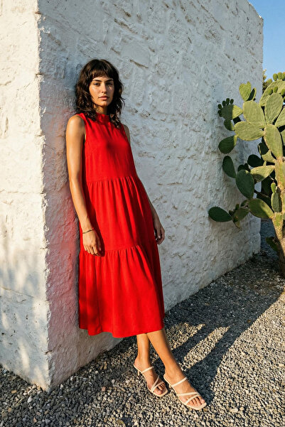 Trendyol Collection Piros Shift/Egyenes szabású, galléros, Midi szőtt ruha TW...