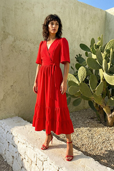 Trendyol Collection Κόκκινο Μίντι Φόρεμα - Ζώνη, Διπλό γιακά και Λεπτομέρεια ...