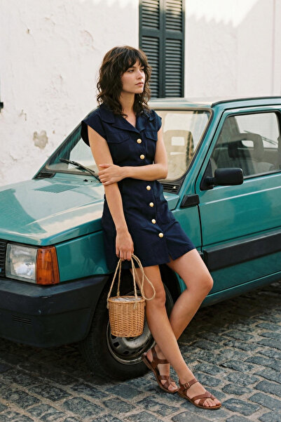 Trendyol Collection Rochie cămașă mini țesută din Gabardine, albastru bleumar...