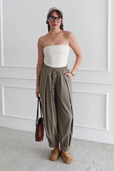 Trendyol Collection Khaki Shalwar Style Elastic Waist Woven Trousers Twoaw26P...