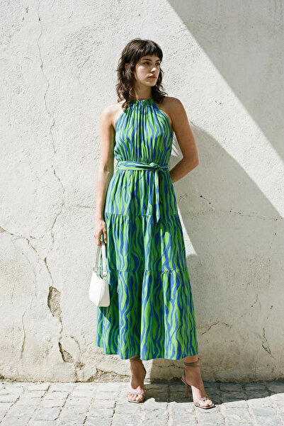 Trendyol Collection Μπλε-πράσινο Animal Shift Halter Collar Shally Maxi υφαντ...