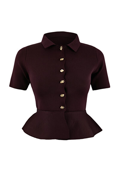 Trendyol Collection Plum Peplum/Waist Fitted Button Detailed Knitwear Blouse ...