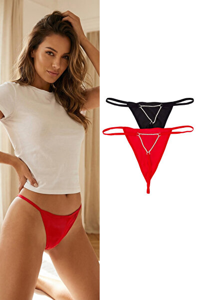 Trendyol Collection Set de din material subțire chiloți negru-roșu cu accesor...