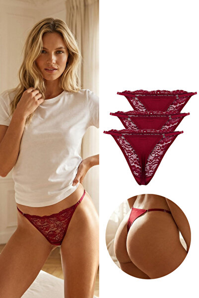 Trendyol Collection Burgunderroter 3-teiliger Spitzen-Tanga, durchbrochener T...