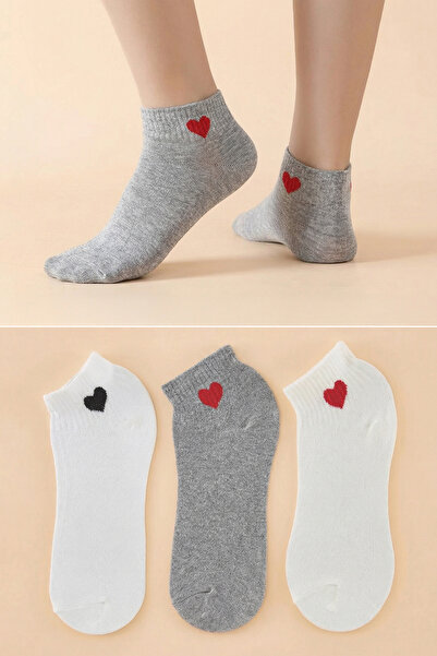 Trendyol Collection Weiß-Graue 3er-Pack halblange Stricksocken mit Herzmuster...