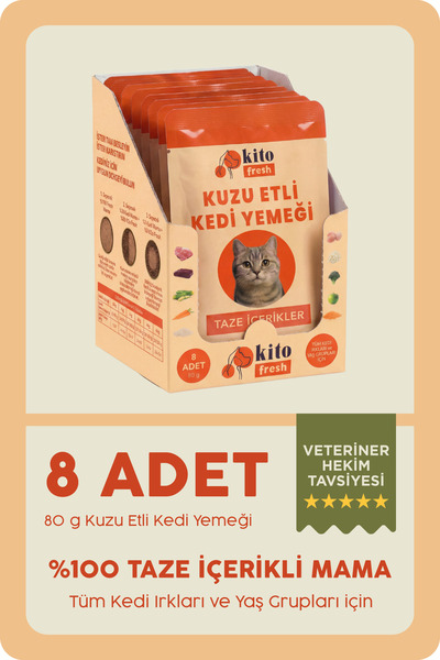kito Fresh Kuzu Etli Kedi Yemeği %100 Taze İçerikli Mama 80 g X 8 Adet