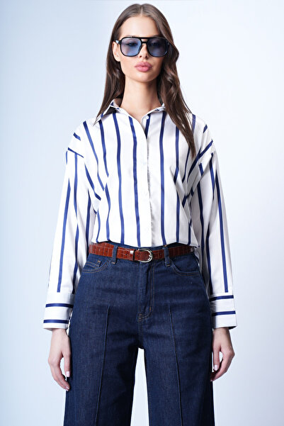 Trend Alaçatı Stili Women's Navy Blue-Striped Wide-Cuff Striped Satin Shirt A...