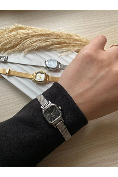 QUARTZ ساعة يد نسائية بسلسلة فولاذية بسيطة، تصميم عصري بلون فضي عتيق (نموذج ص...