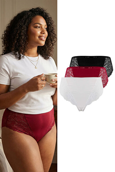 Trendyol Curve Black-Burgundy-White 3-Pack Cotton Lace Brazilian Knitted Pant...