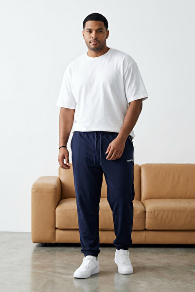 Trendyol Collection Navy Blue Large Size Regular Fit Printed Piped Rubber Leg...