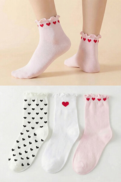 Trendyol Collection Πολύχρωμες κάλτσες 3 συσκευασιών βαμβακερές καρδιές ζακάρ...