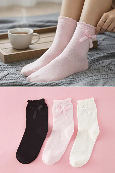 Trendyol Collection Schwarz-Puderweiße 3-teilige gestrickte Socken mit Baumwo...