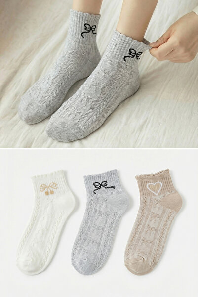 Trendyol Collection Beige-Mehrfarbiges 3er-Pack Jacquard-Stricksocken mit Sch...