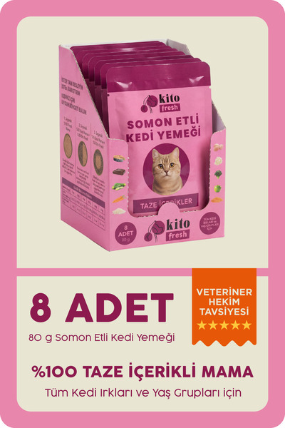 kito Fresh Somonlu Kedi Yemeği %100 Taze İçerikli Mama 80 g x 8 Adet