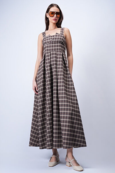 Trend Alaçatı Stili Kadın Kahverengi Kalın Askılı Eteği Pileli Maxi Boy Elbis...