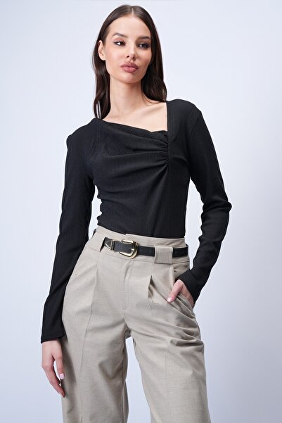 Trend Alaçatı Stili Women's Black Asymmetrical Neck Drape Detail Wrap Blouse ...