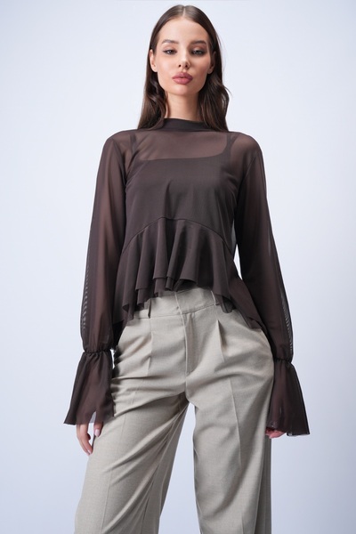 Trend Alaçatı Stili Women's Bitter Brown Mock Neck Layered Transparent Tulle ...