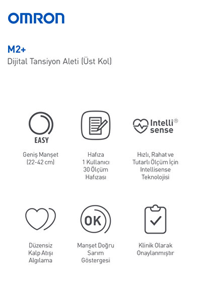 Omron M2+ Geniş Manşetli Üst Koldan Pilli Dijital Tansiyon Aleti – 30 Ölçüm Hafızalı, 5 Yıl Garantili