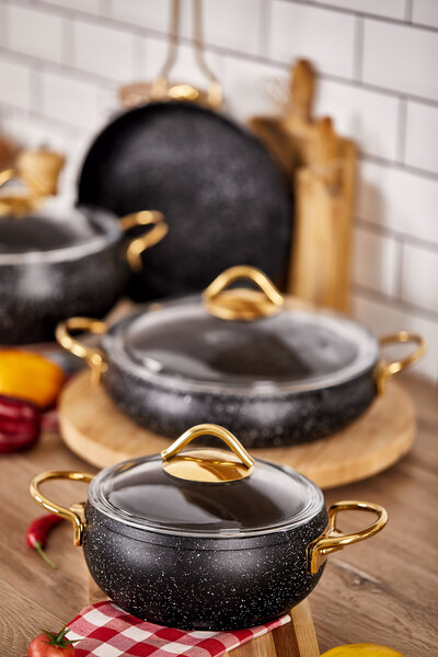 Taç Luna Granite Pot Set - 4-Piece 7 Pieces, Black Gold Handle