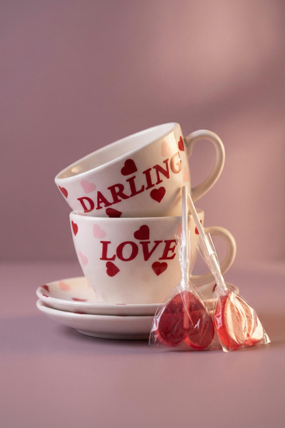 TRENDYOLMİLLA HOME Set of 2 Heart Patterned Porcelain Teacups 220Cc