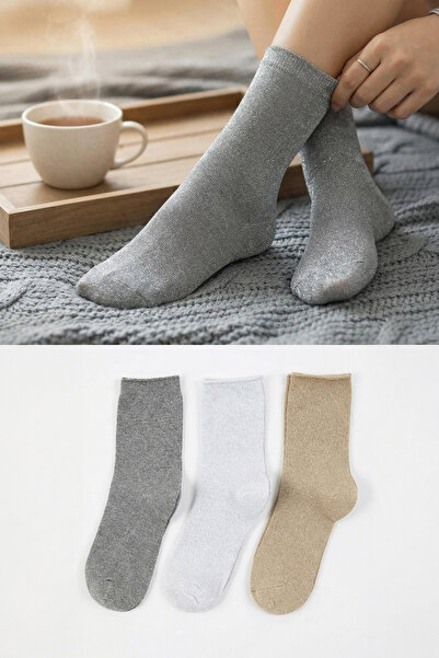 Trendyol Collection Grey-Black-White 3-Pack Glitter Jacquard Knitted Socks Th...