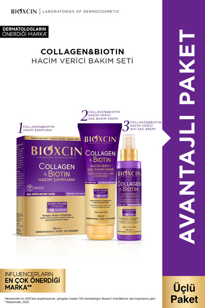 Bioxcin Collagen & Biotin Hacim Şampuanı + Saç Bakım Kremi + Sıvı Saç Kremi