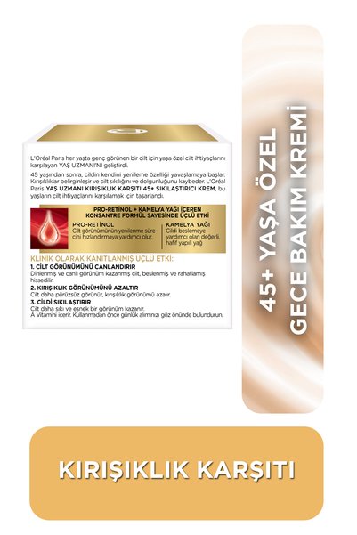 L'Oreal Paris Yaş Uzmanı 45+ Kırışıklık Karşıtı Sıkılaştırıcı[Pro-Retinol] İçeren Nemlendirici Gece Yüz Kremi 50ml