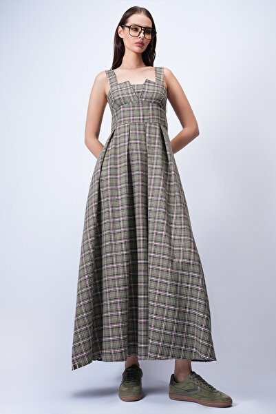 Trend Alaçatı Stili Women's Khaki Thick Strap Skirt Pleated Maxi Length Dress...