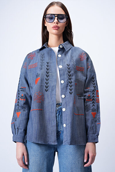 Trend Alaçatı Stili Women's Blue Embroidered Jean Shirt Jacket Alc-X14931