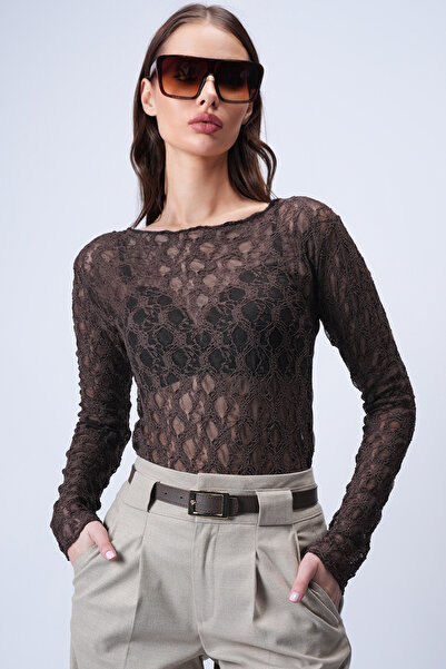 Trend Alaçatı Stili Women's Bitter Brown Boat Neck Transparent Lace Blouse Al...