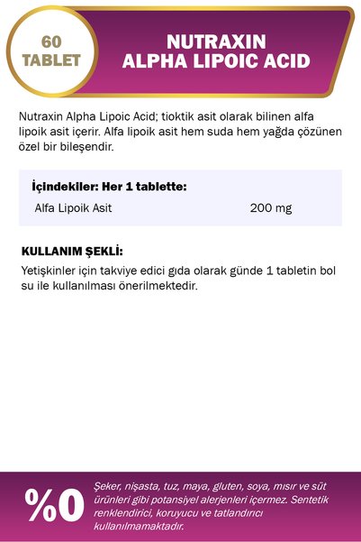 Nutraxin Alpha Lipoic Acid 60 Tablet | ALA 200 mg | Bağışıklık & Enerji Takviyesi
