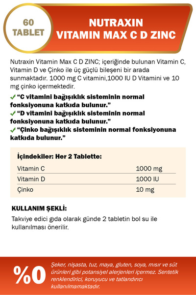 Nutraxin Vitamin Max C-D-Zinc 60 Tablet | 1000 mg C Vitamini + 1000 IU D3 + 10 mg Çinko