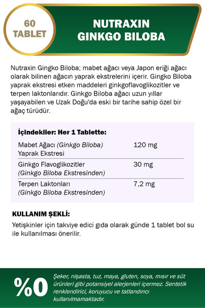 Nutraxin Ginkgo Biloba 120 mg 60 Tablet | Ginkgo Yaprağı Ekstresi