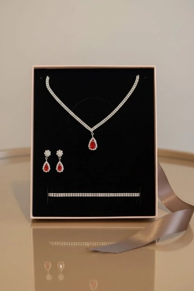 BEREN KILIÇ Rose Red Jewelry Set Necklace Earrings Bracelet Wedding Engagement Promise Marriage Jewelry Set