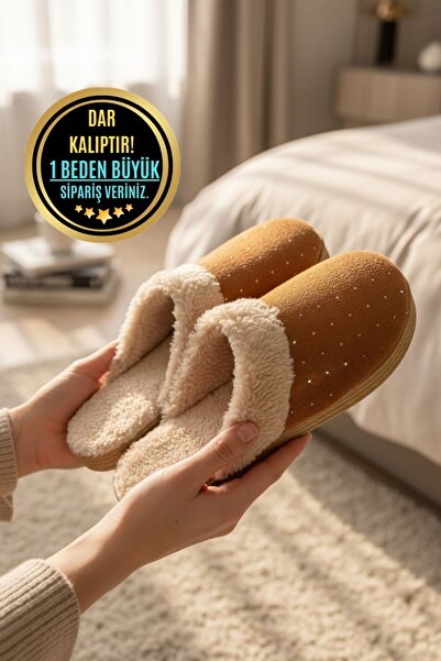 Modafırsat Winter House Slippers Black Plush Woolen Women's Slippers Guest Do...