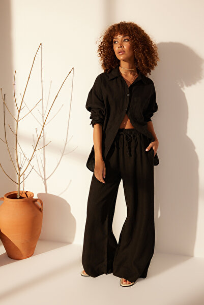 Συλλογή Trendyol Μαύρο 100% λινό παντελόνι με ελαστική μέση και ψηλόμεσο σχέδ...