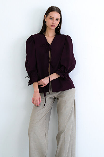 Trend Alaçatı Stili Women's Plum V-Neck Poplin Blouse with Tie Detail on Fron...