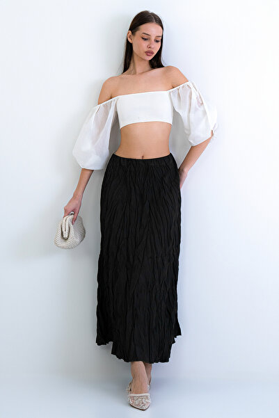 Trend Alaçatı Stili Women's Khaki Soft Crush Textured Midi Skirt Alc-X15225