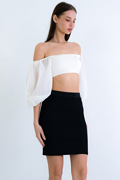 Trend Alaçatı Stili Fusta mini neagră de damă, cu model, cu talie elastică AL...