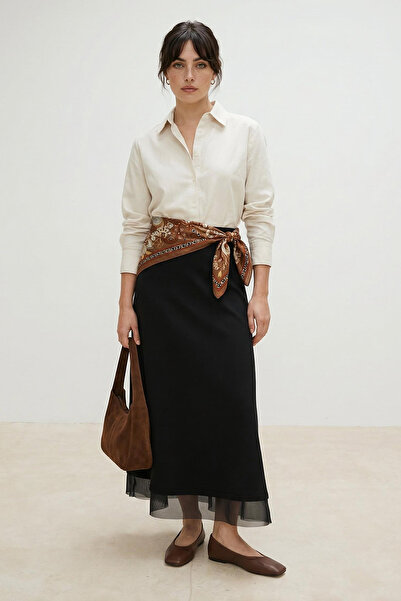 Trendyol Modest Black Unlined Plain Knitted Hem Tulle Detailed Hijab Skirt Tc...