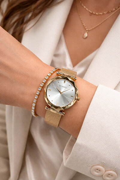 Homies ساعة يد نسائية بحبل شبكي وقاطع زجاجي مقاوم للماء مع علبة هدية وسوار هد...