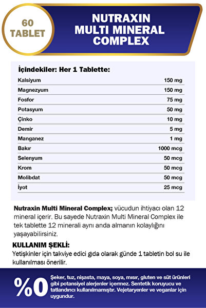 Nutraxin Multimineral Complex 60 Tablet Magnezyum, Kalsiyum, Çinko, Demir, İyot, Krom