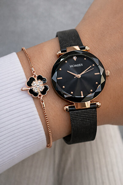 Homies Kadın Kol Saati ve Bileklik-Rose Gold ve Siyah Şık Tasarım Sevgililer ...